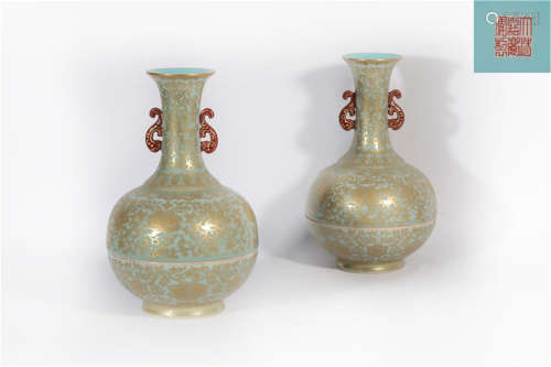 Pair Celadon Ground and Gilt Bottle Vases Jiaqing Period