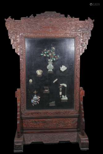 qing dynasty A large screen carved in red wood inlays