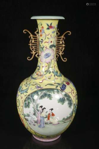 Yellow ground powder enamel vase with character pattern