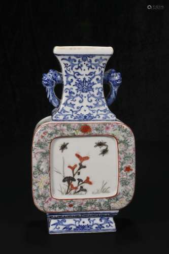 republic  Powder enamel vase with floral and bird ears