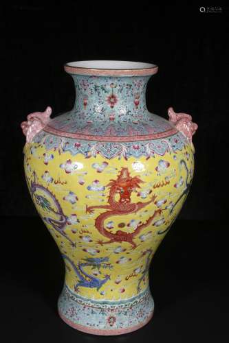 Mid-twentieth century  Yellow ground powder enamel vase