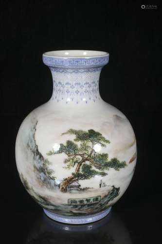 Zou Guojun powder enamel vase with landscape design