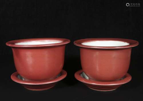Qing Yongzheng red glaze flowerpot pair