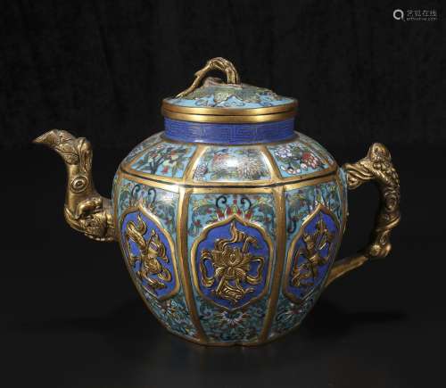 Qing Dynasty Jiaqing copper wire enamel teapot with