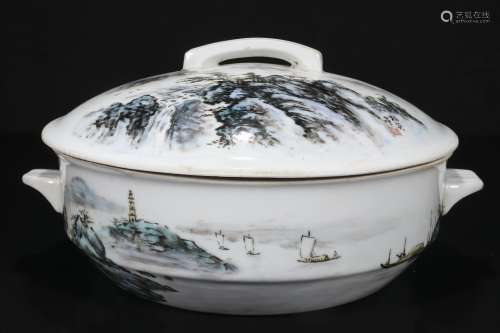White Pot With Mountain and Ocean Details