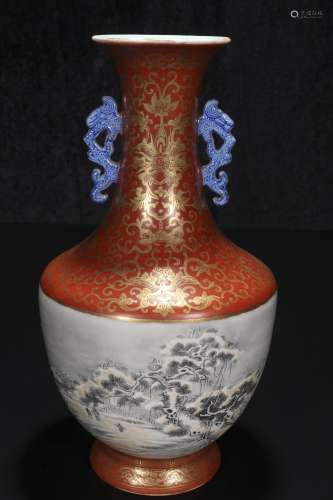 republic  Powder enamel vase with snow scene and two