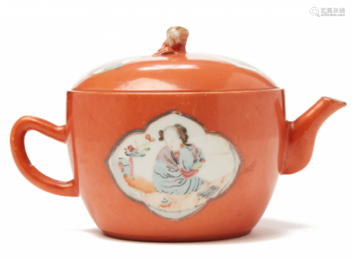 A CORAL GROUND FAMILLE ROSE TEAPOT AND COVER