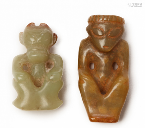 TWO HONGSHAN STYLE CARVED JADE FIGURES