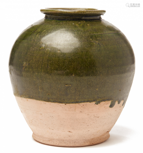 A SMALL DARK GREEN-GLAZED POTTERY JAR