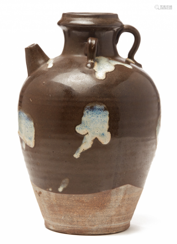 A PHOSPHATIC-SPLASHED BROWN-GLAZED EWER