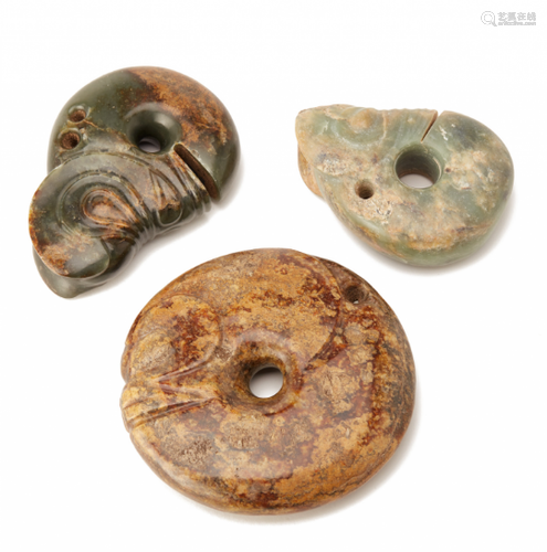 TWO HONGSHAN STYLE JADE DRAGON PENDANTS AND A DISC