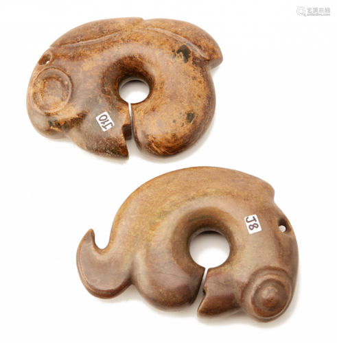 TWO HONGSHAN STYLE CARVED JADE PENDANTS