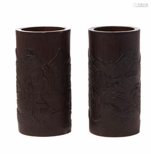 A PAIR OF CARVED BAMBOO BRUSH POTS