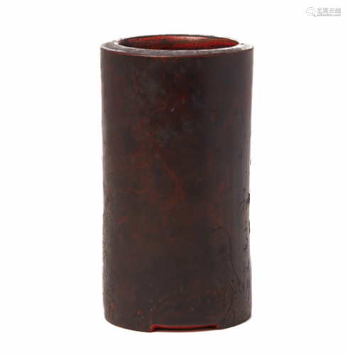 A LACQUERED AND INSCRIBED BAMBOO BRUSH POT