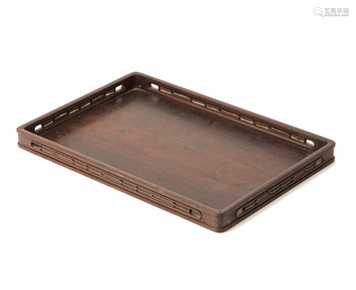 A RECTANGULAR HARDWOOD GALLERY TRAY