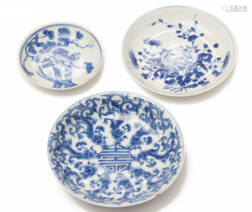 THREE BLUE AND WHITE SHALLOW DISHES