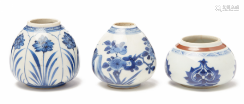 THREE BLUE AND WHITE PORCELAIN WATER POTS