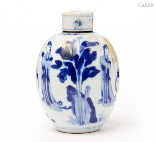 A BLUE AND WHITE PORCELAIN OVOID TEA CANISTER