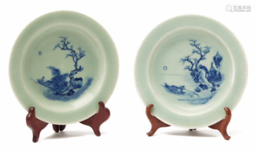 A PAIR OF CELADON AND UNDERGLAZE BLUE DISHES
