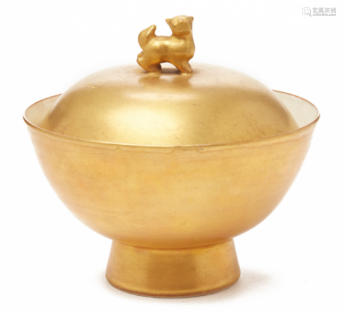 A GILT PORCELAIN STEM BOWL AND COVER