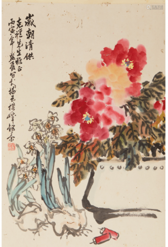 FIVE CHINESE HANGING SCROLLS OF FLOWERS AND PLANTS
