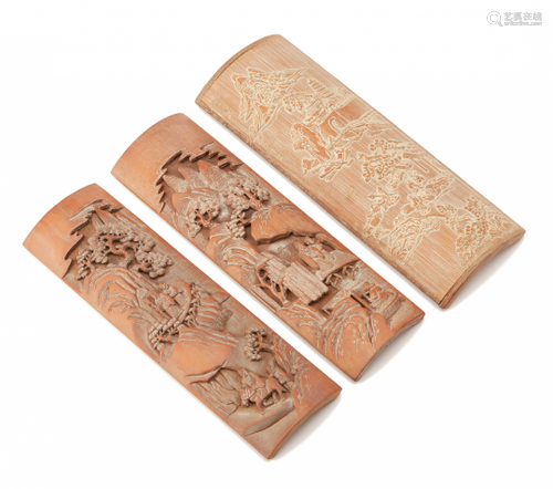 THREE CARVED BAMBOO WRIST RESTS