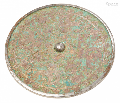 A LARGE SILVER INLAID BRONZE MIRROR