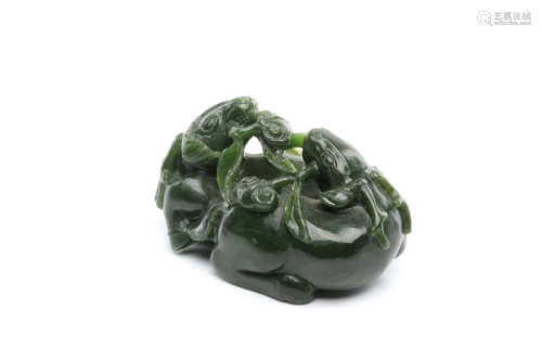 CHINESE SPINACH JADE DOUBLE RAM FIGURAL …