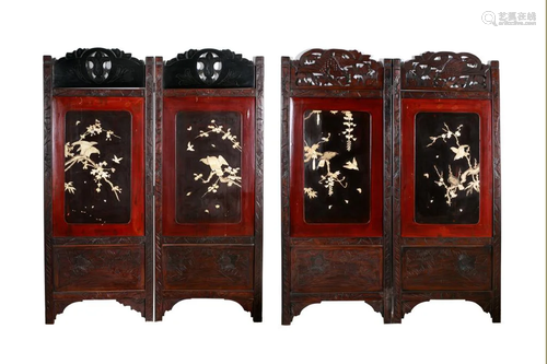 TWO PAIRS OF NATURAL INLAID WOOD SCREENS