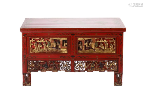 GILT RED LACQUER CARVED WOOD CABINET