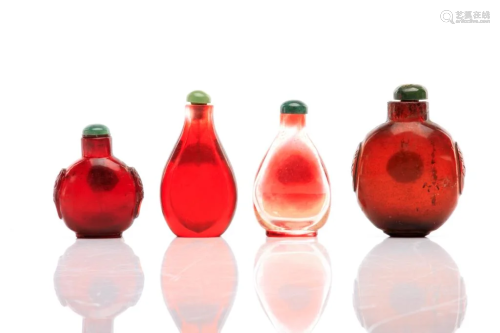 FOUR RUBY RED PEKING GLASS SNUFF BOTTLES