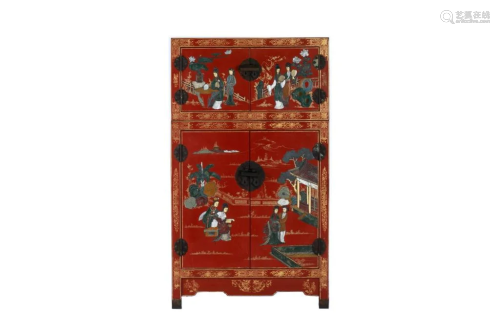 MIXED HARDSTONE INLAY RED LACQUER CABINET
