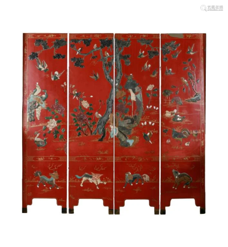 FOUR PANEL CHINESE MIXED INLAID RED LACQUER …
