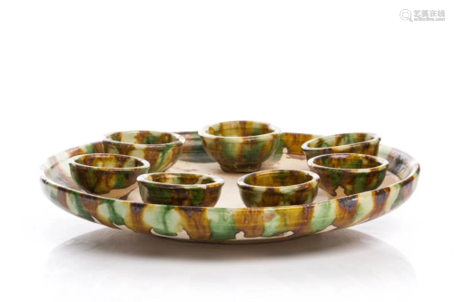 CHINESE TANG SANCAI GLAZED DISH AND CUPS SET
