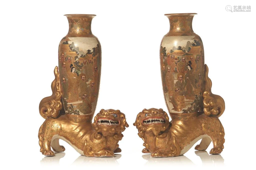 PAIR OF JAPANESE SATSUMA POTTERY FU LION V…