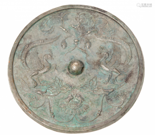 A BRONZE DOUBLE PHOENIX MIRROR