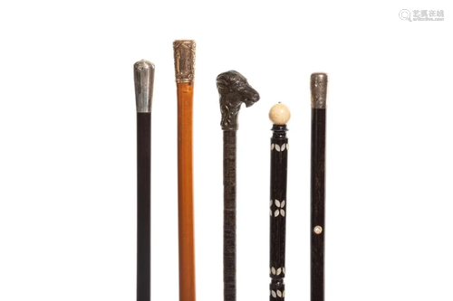 FIVE ANTIQUE MINIATURE WALKING STICKS