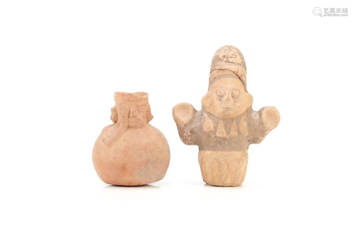 TWO PRE-COLUMBIAN POTTERY FIGURAL OBJECTS