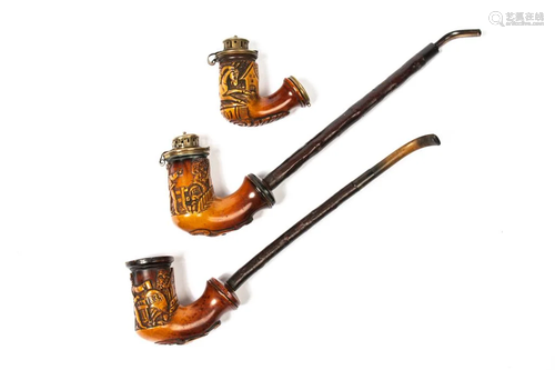 THREE CARVED MEERSCHAUM SMOKING PIPES