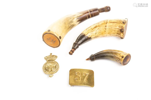 19TH CENTURY POWDER HORNS AND BELT P…