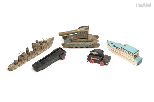 FOUR NAIVE FOLK ART WOOD CARVED VEHICLES