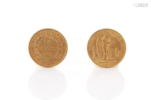 TWO 19TH C FRENCH 20 FRANC GOLD COINS, 12g