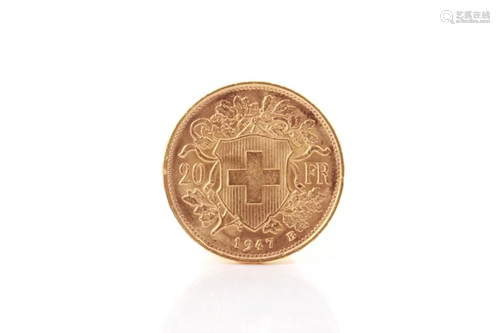 1947 SWISS 20 FRANCS GOLD COIN, 6g