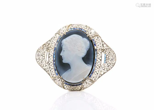 ART DECO PLATINUM & AGATE CAMEO BROOCH