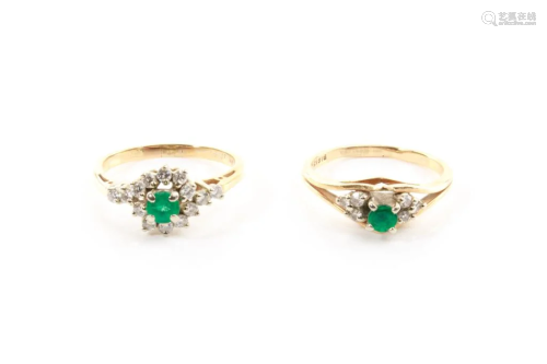 TWO DIAMOND AND EMERALD RINGS