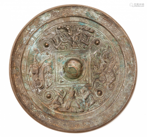 A BRONZE MIRROR WITH DEITIES AND ANIMALS