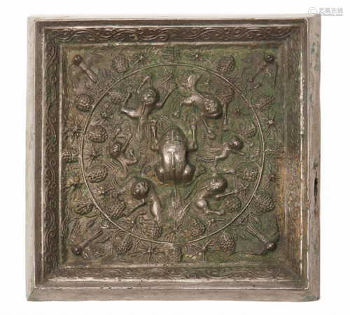 A SQUARE SILVERY BRONZE LION AND GRAPEVINE MIRROR