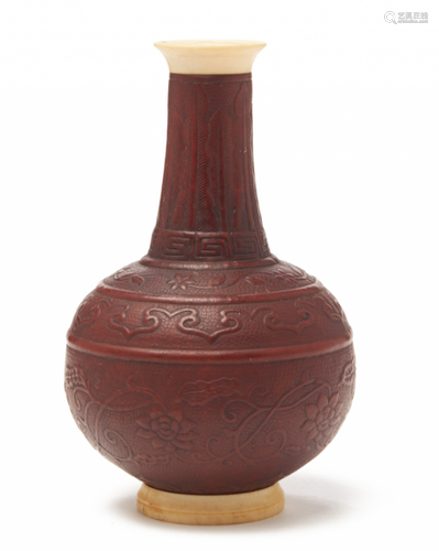 A MOULDED GOURD BOTTLE VASE, WITH IVORY MOUNTS