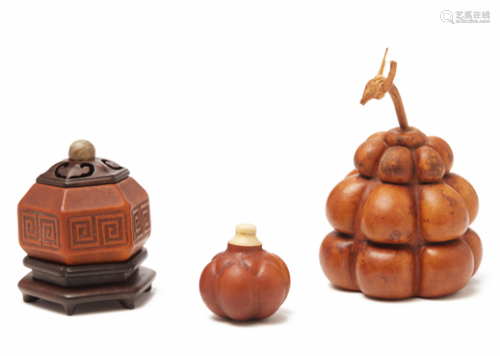 A GROUP OF THREE VARIOUS MOULDED GOURDS