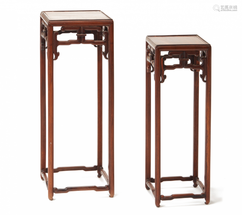 A GRADUATED PAIR OF TALL SQUARE HARDWOOD STANDS